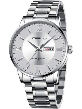 Men's Silver White Luxury Stainless Steel Chronograph Analog Quartz Round Watch